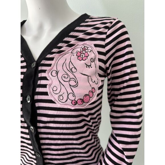 Pink & Black Striped Button-Up Cardigan with Embroidered Horse Graphic size S - Picture 4 of 7